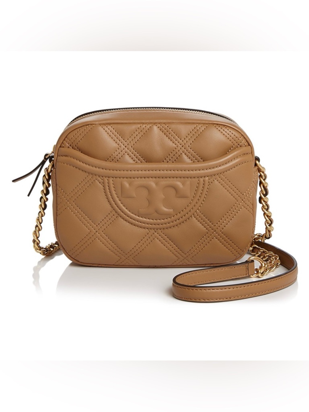 Tory Burch Fleming Soft Camera Leather Crossbody Bag in Tiramisu Gold Tan